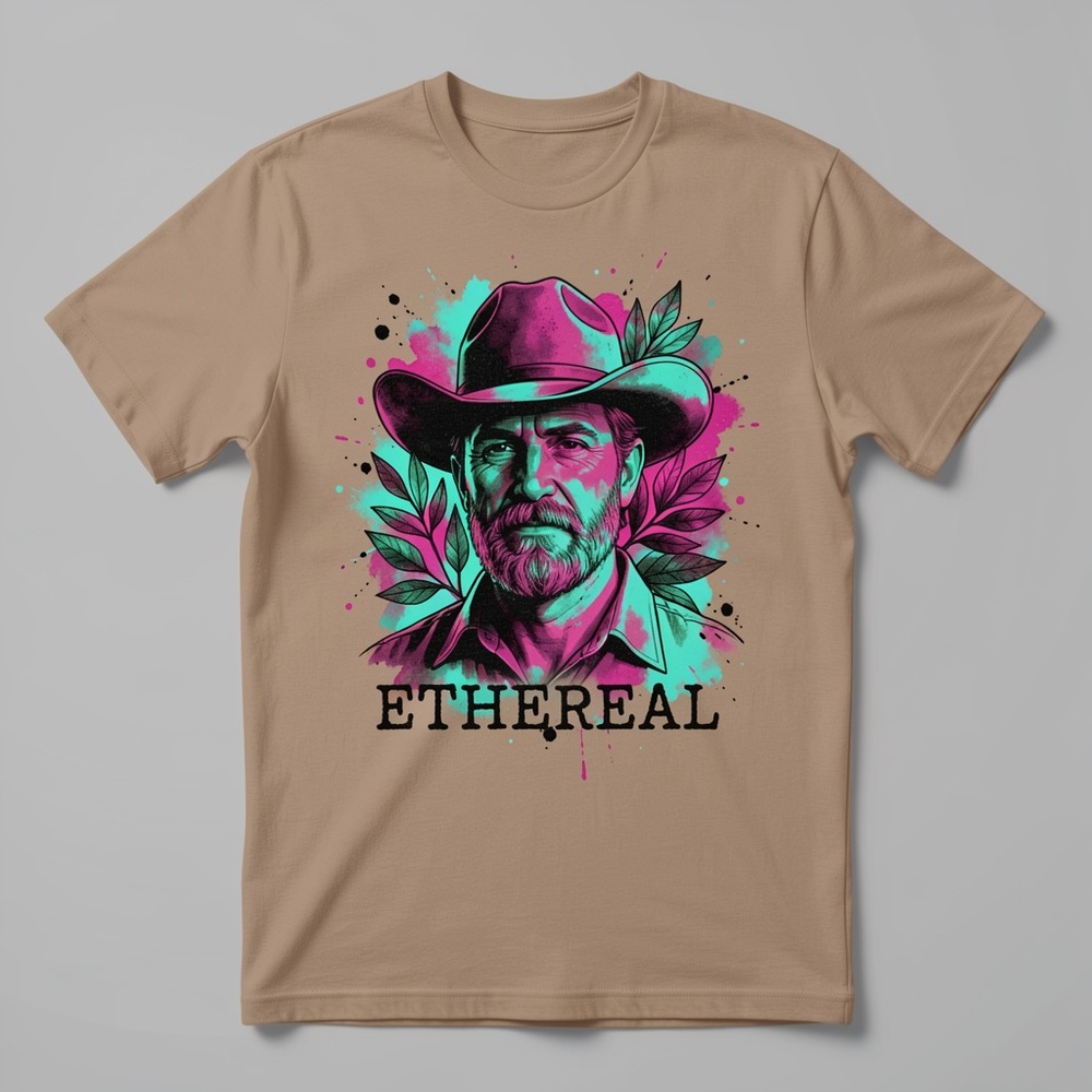 Gildan Tan Short Sleeve Tee with Vibrant Pink & Teal Portrait Graphic
